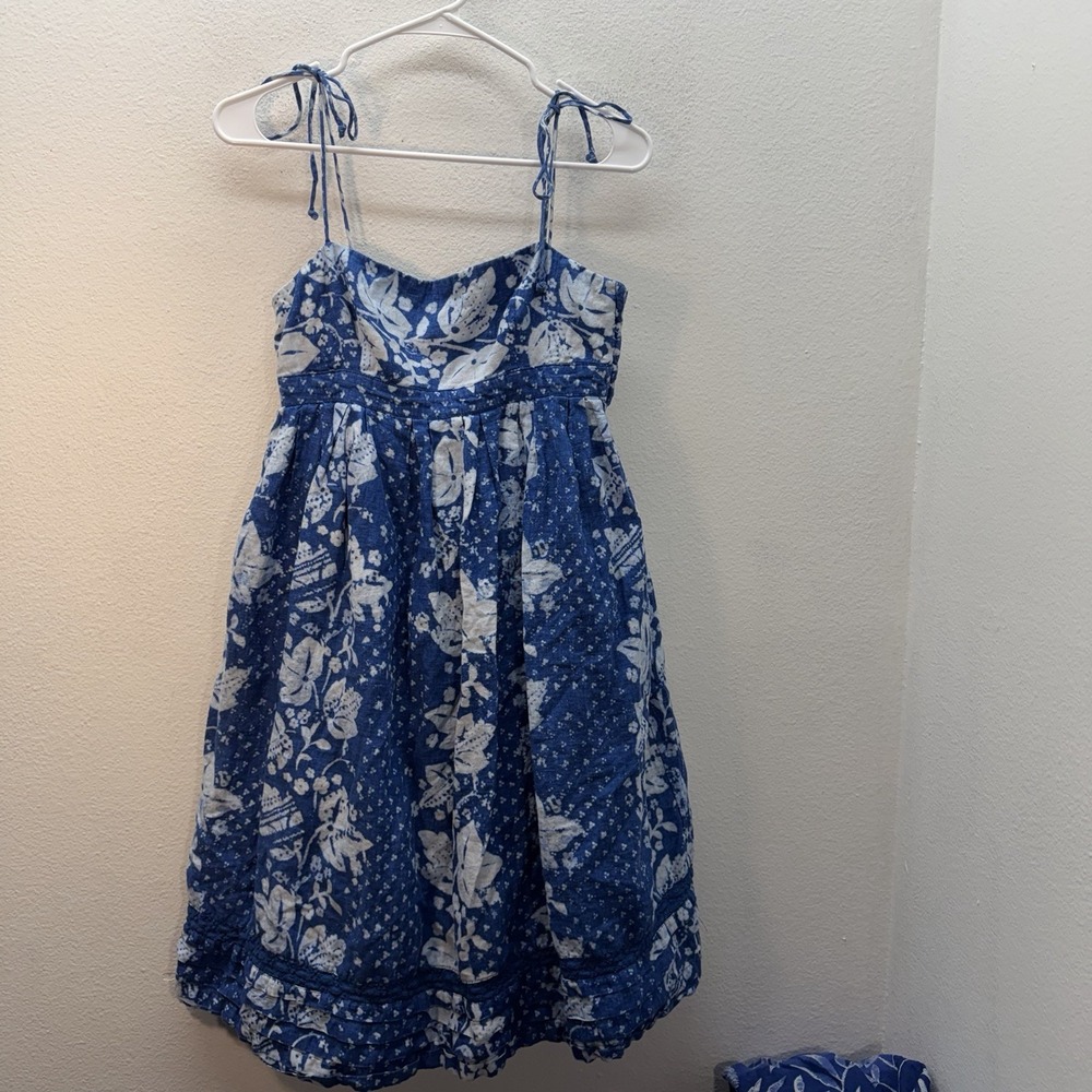 GAP Blue Batik Sundress Y2K Cotton Linen Babydoll Empire Waist Cottagecore Sz 8